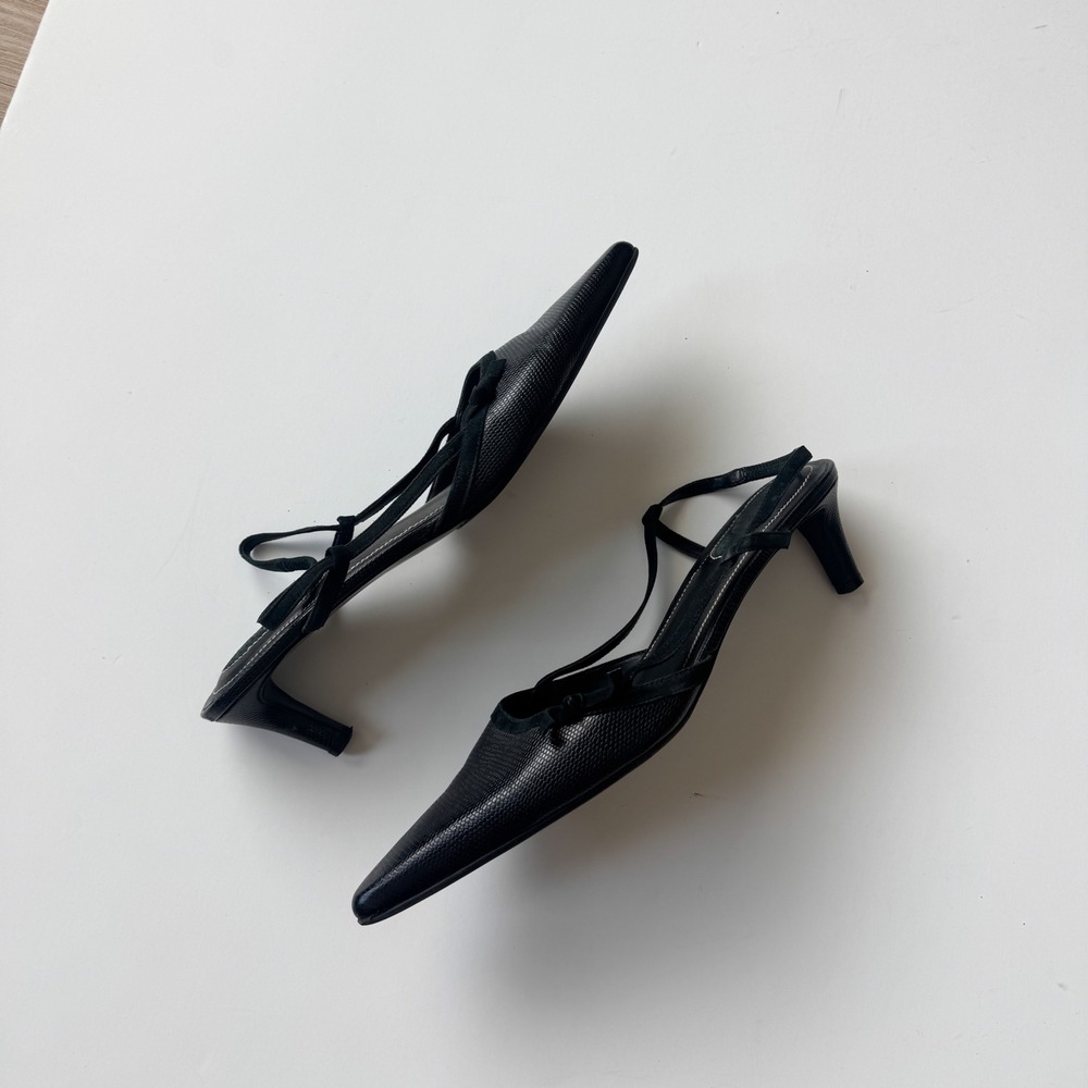Lauren Ralph Lauren Black Leather Pointed Toe Slingback Kitten Heels 8.5B Preppy